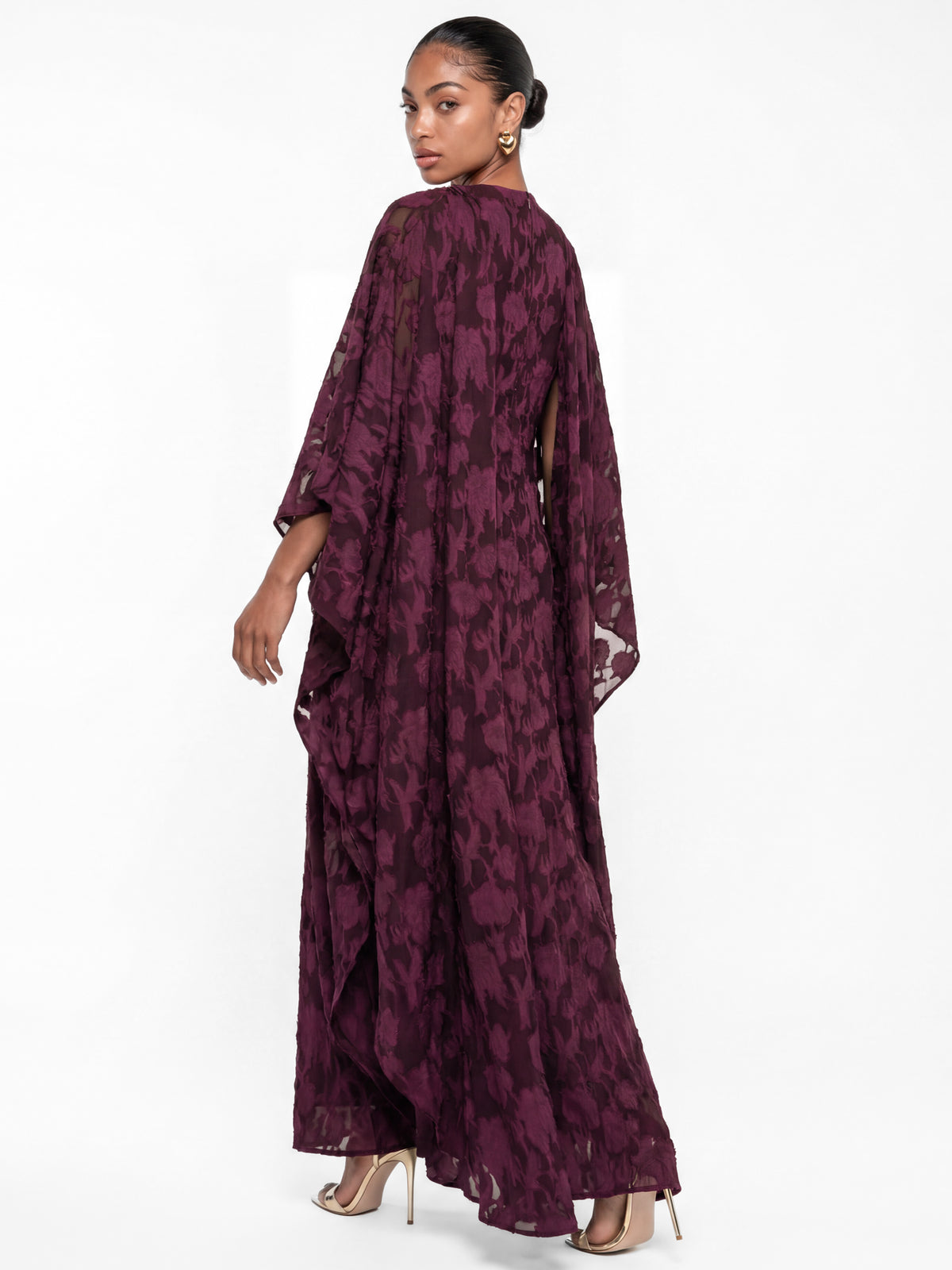 Anaya With Love Recycled Fig Floral Burnout Cape Sleeve Maxi Dress