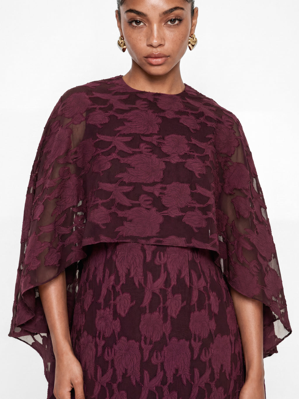 Anaya With Love Recycled Fig Floral Burnout Cape Sleeve Maxi Dress