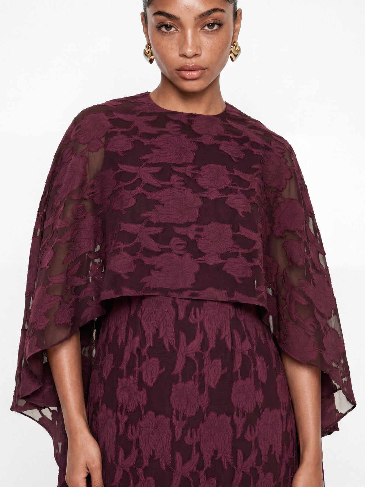 Anaya With Love Recycled Fig Floral Burnout Cape Sleeve Maxi Dress