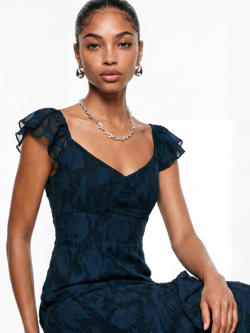 Anaya With Love Recycled Navy Floral Burnout Ruffle Maxi Dress
