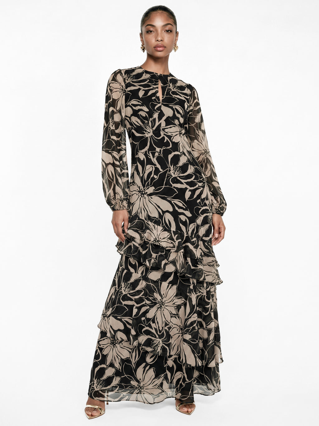 Anaya With Love Recycled Floral Long Sleeve Tiered Maxi Dress