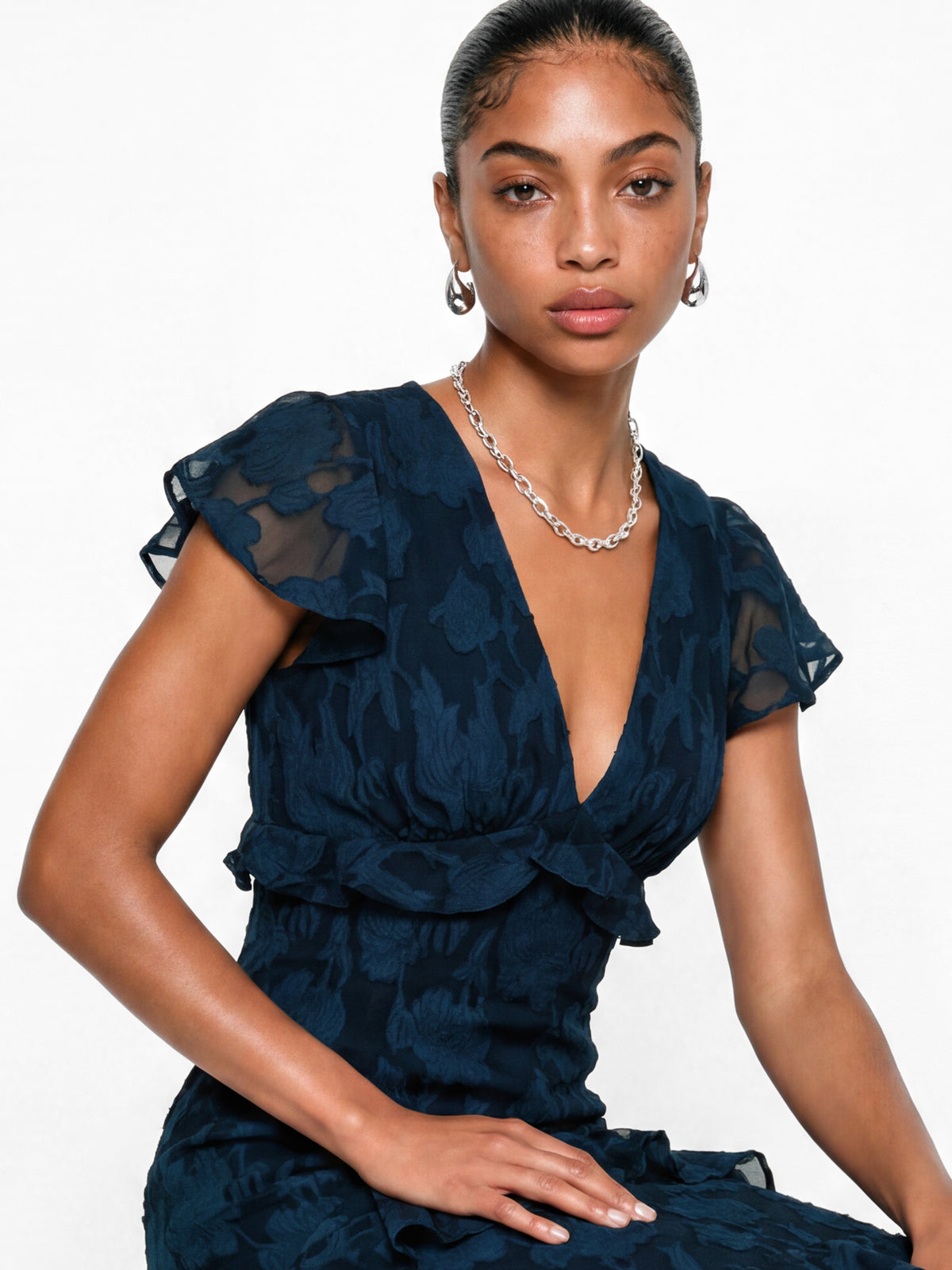 Anaya With Love Recycled Navy Floral Burnout V Neck Ruffle Midi Dress