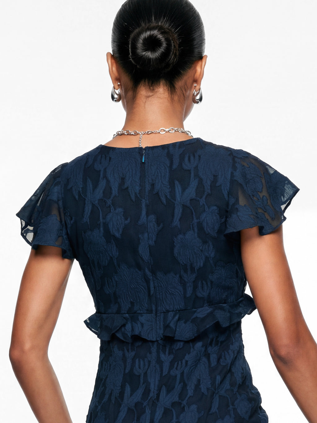 Anaya With Love Recycled Navy Floral Burnout V Neck Ruffle Midi Dress