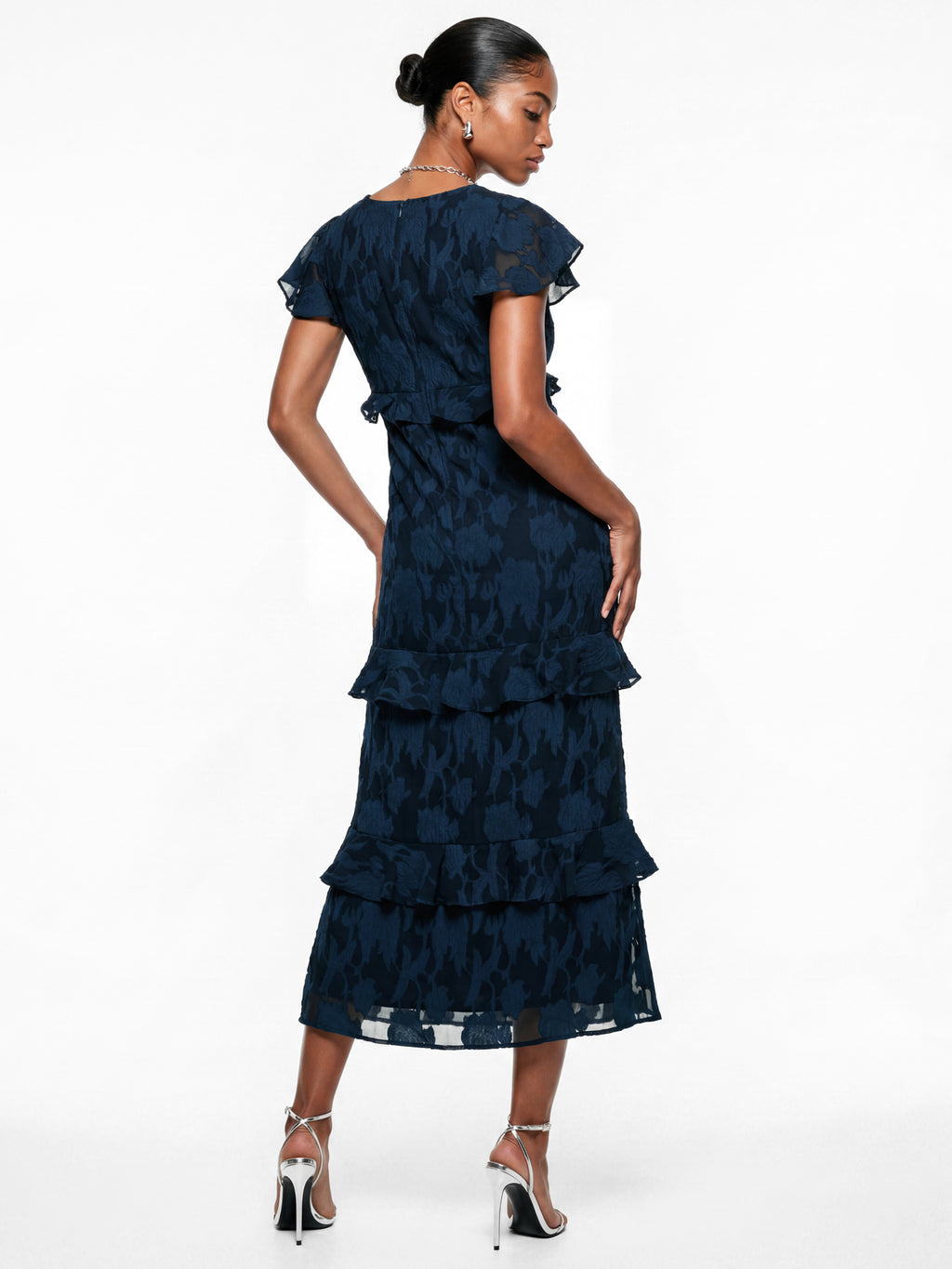 Anaya With Love Recycled Navy Floral Burnout V Neck Ruffle Midi Dress