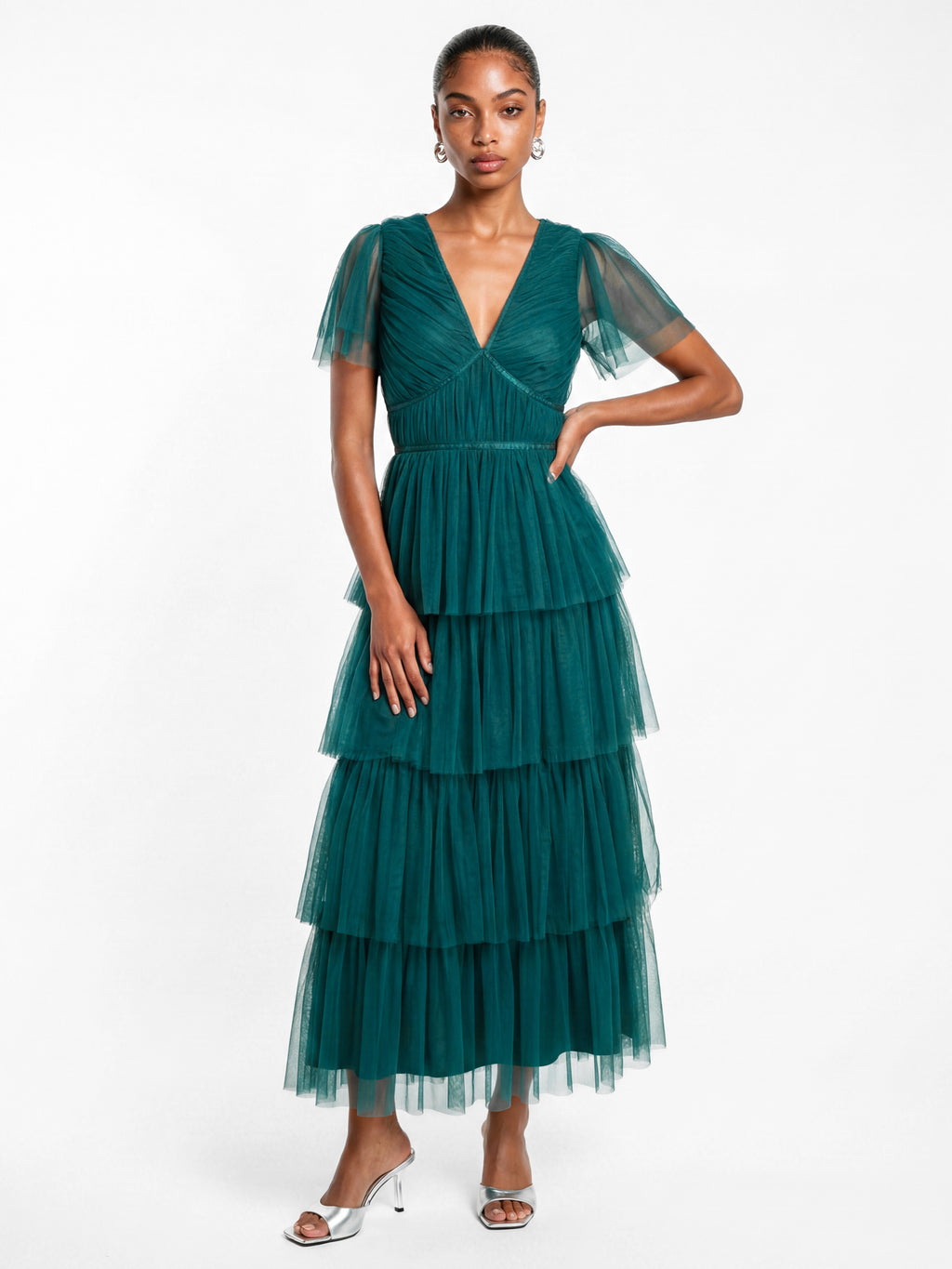 Anaya With Love Recycled Teal Short Sleeve Tiered Midaxi Dress