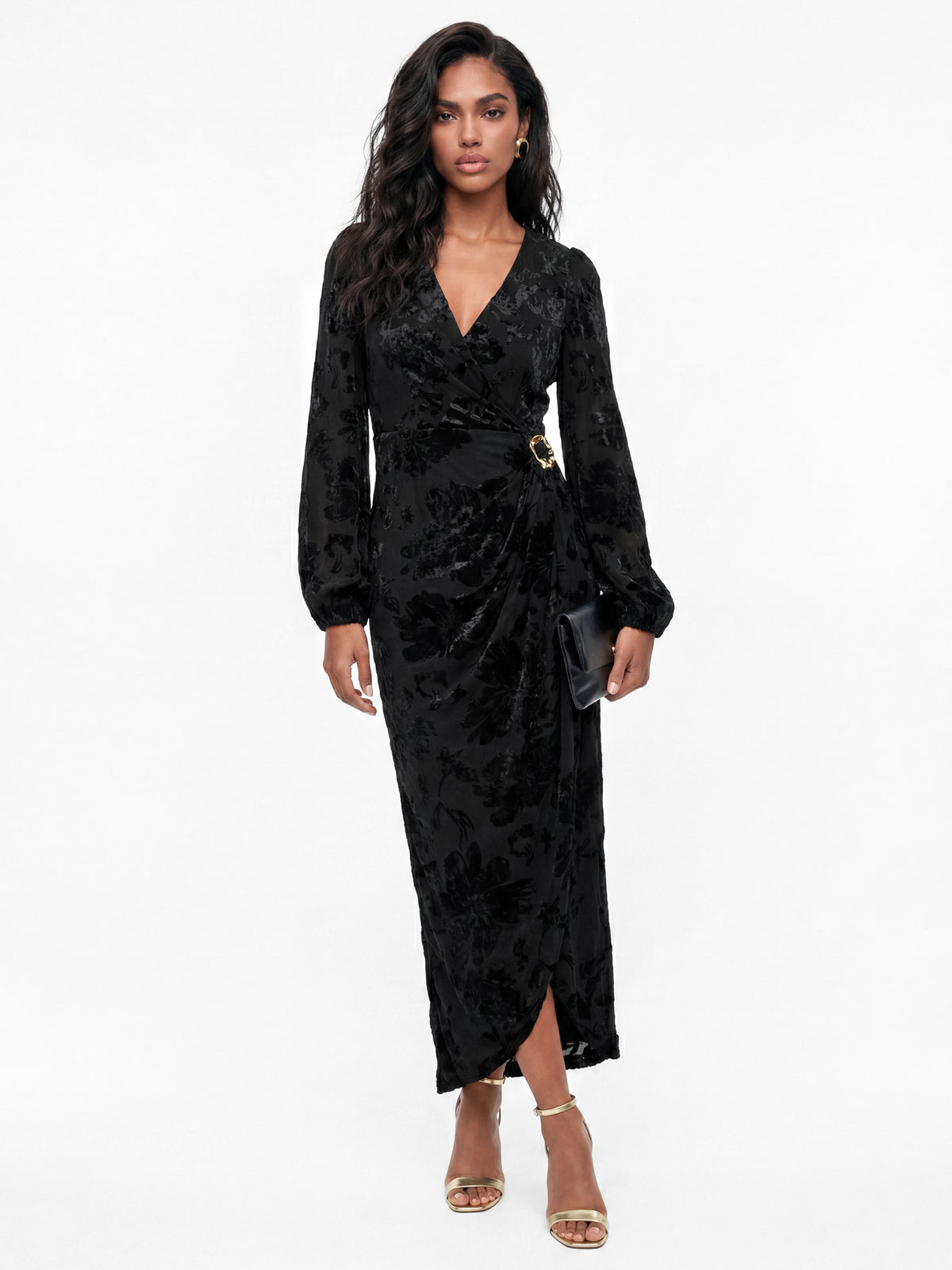 Lovedrobe Black Floral Velvet Devore Faux Wrap Midaxi Dress