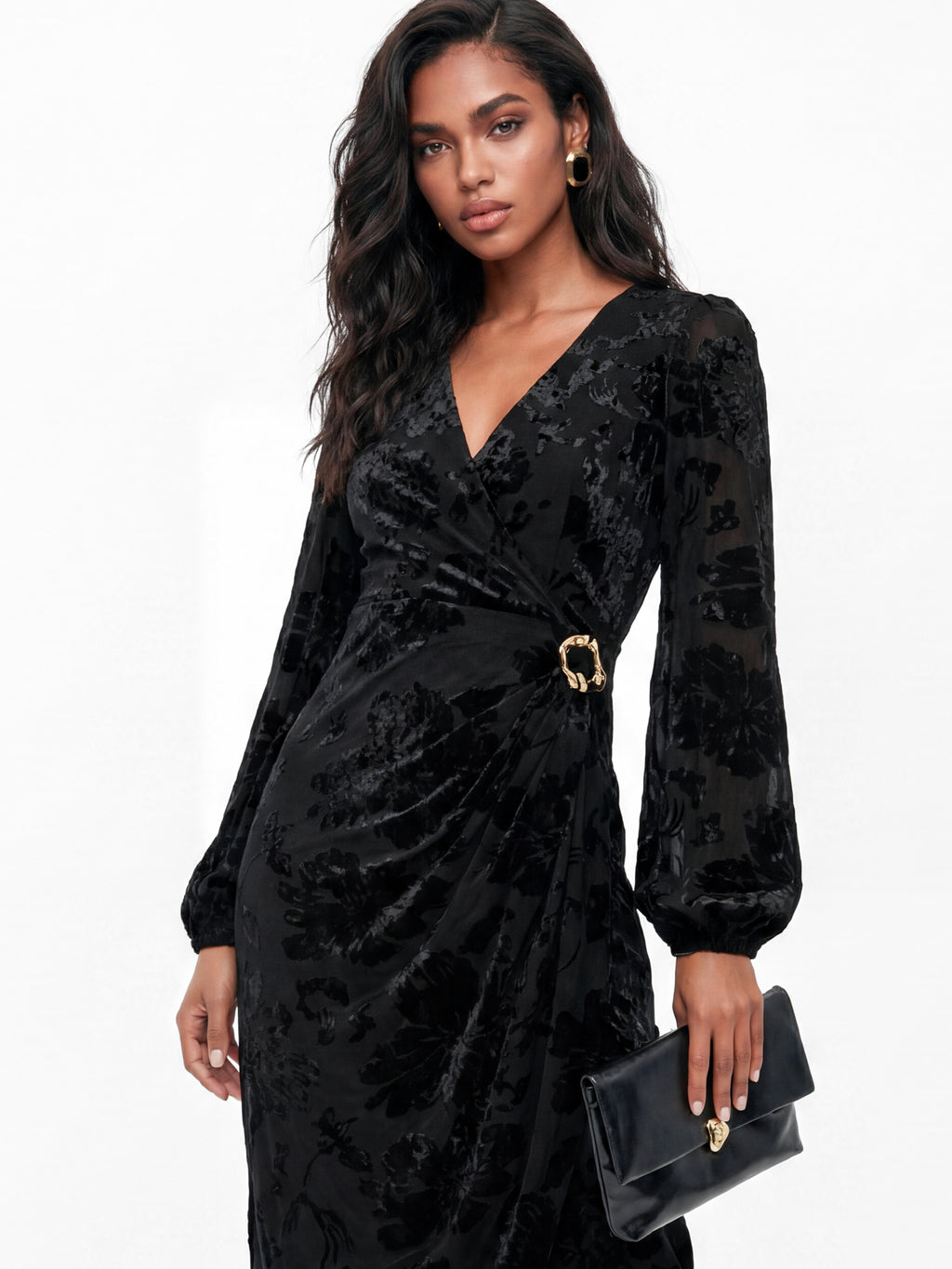 Lovedrobe Black Floral Velvet Devore Faux Wrap Midaxi Dress