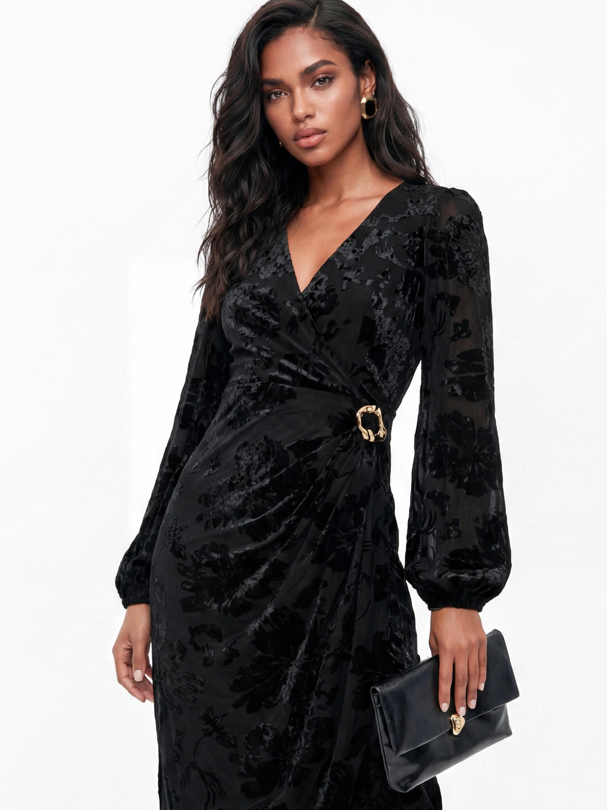 Lovedrobe Black Floral Velvet Devore Faux Wrap Midaxi Dress