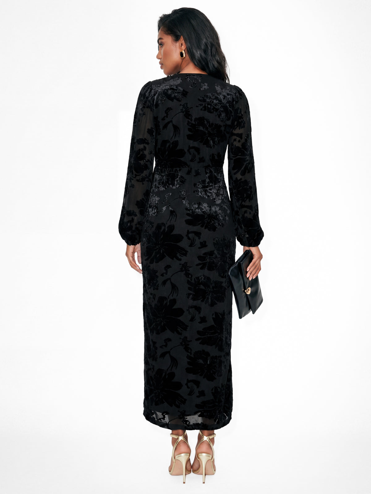 Lovedrobe Black Floral Velvet Devore Faux Wrap Midaxi Dress
