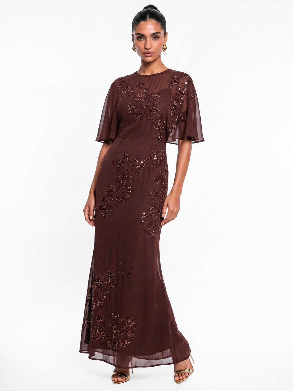 Maya Espresso Floral Embellished Angel Sleeve Maxi Dress