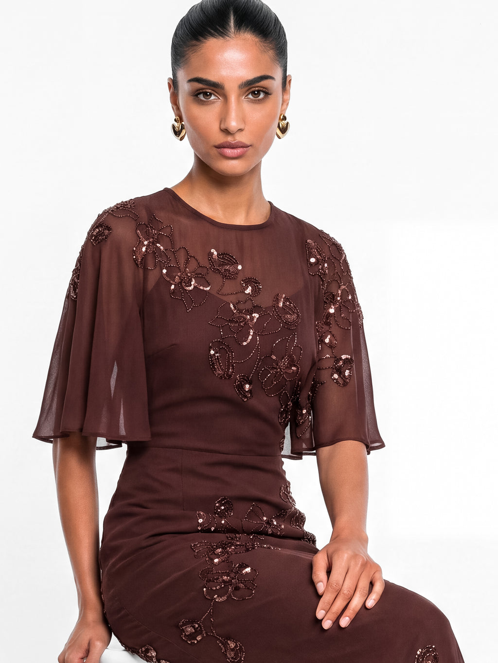 Maya Espresso Floral Embellished Angel Sleeve Maxi Dress