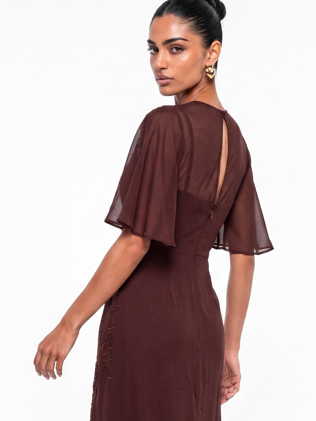 Maya Espresso Floral Embellished Angel Sleeve Maxi Dress