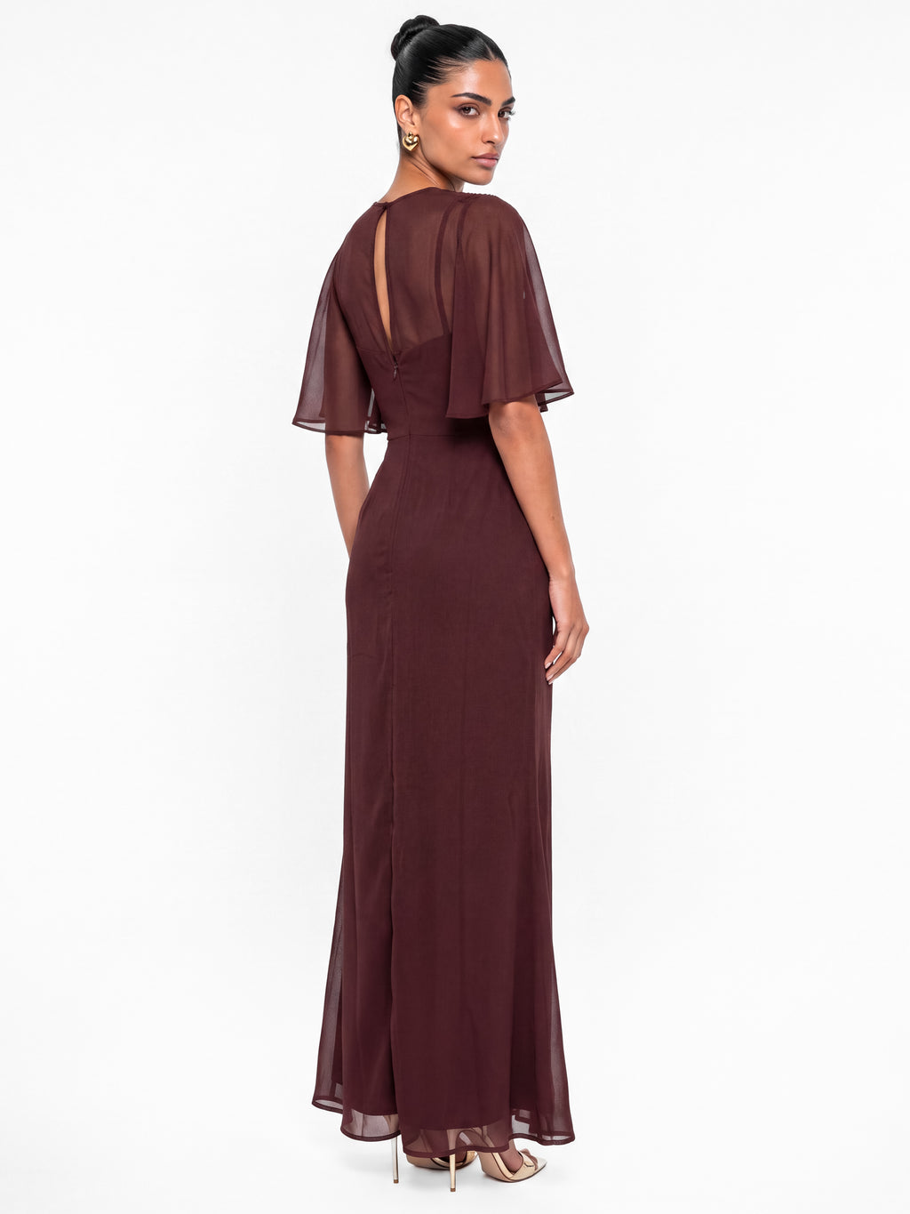Maya Espresso Floral Embellished Angel Sleeve Maxi Dress