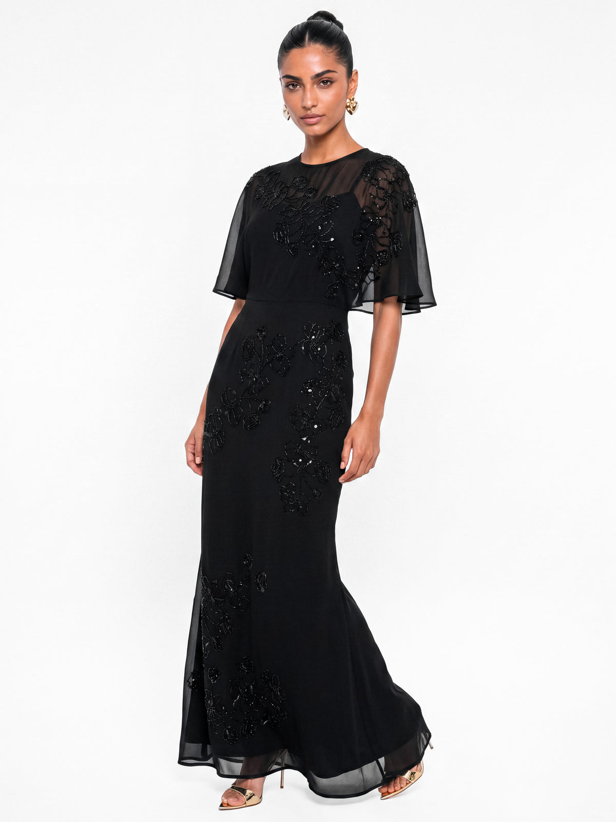 Maya Black Floral Embellished Angel Sleeve Maxi Dress