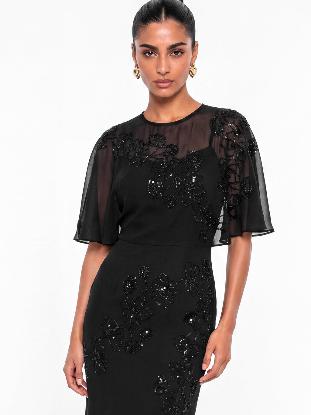 Maya Black Floral Embellished Angel Sleeve Maxi Dress
