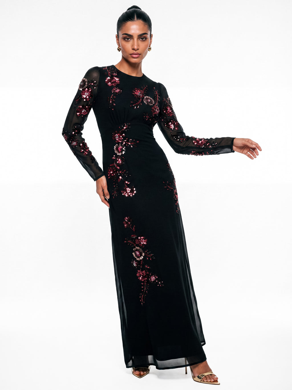 Maya Black Floral Embellished Long Sleeve Maxi Dress