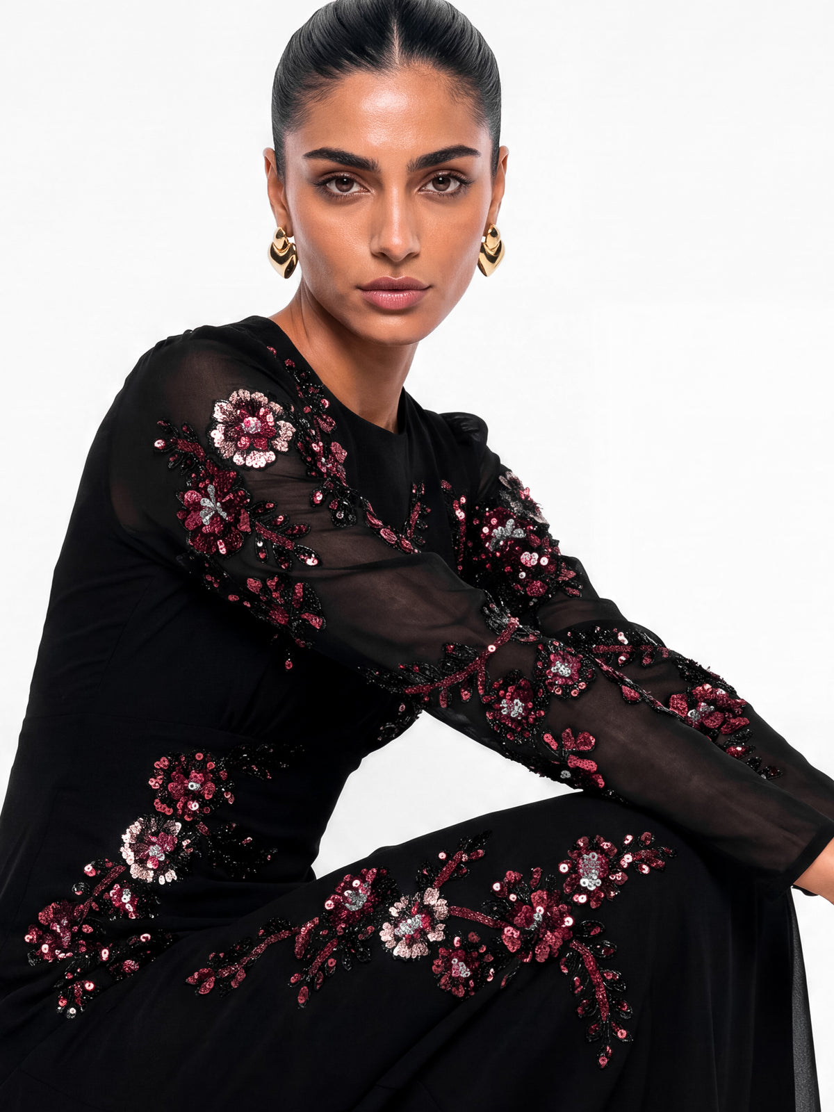 Maya Black Floral Embellished Long Sleeve Maxi Dress