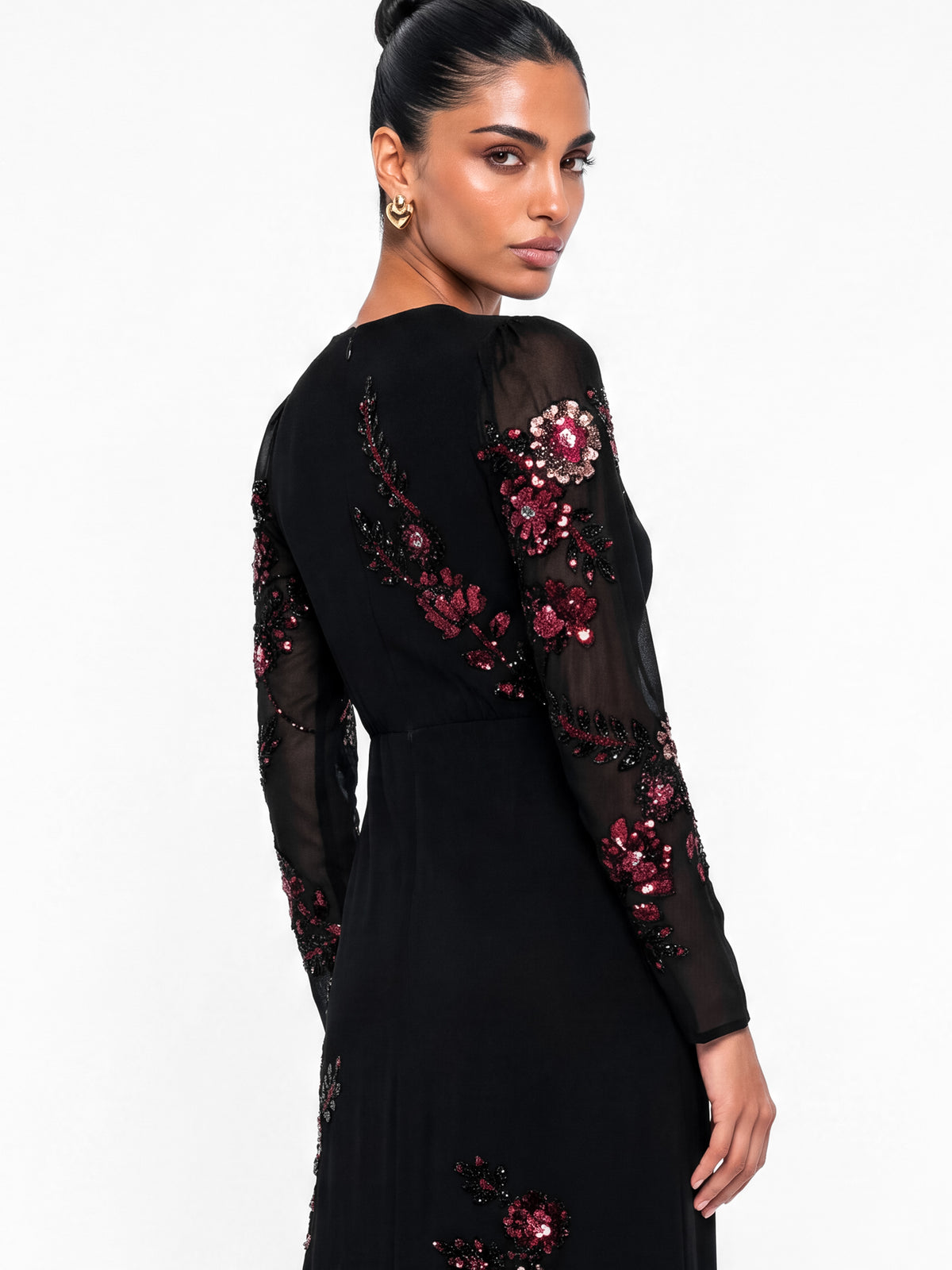 Maya Black Floral Embellished Long Sleeve Maxi Dress