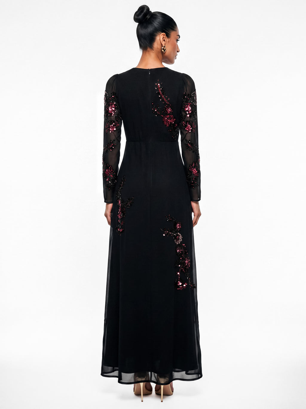 Maya Black Floral Embellished Long Sleeve Maxi Dress