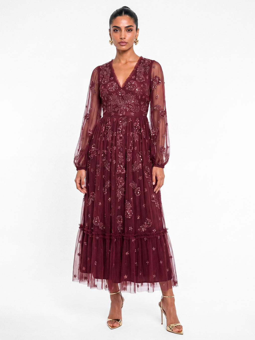 Maya Deep Red Embellished Frilled V Neck Midaxi Dress
