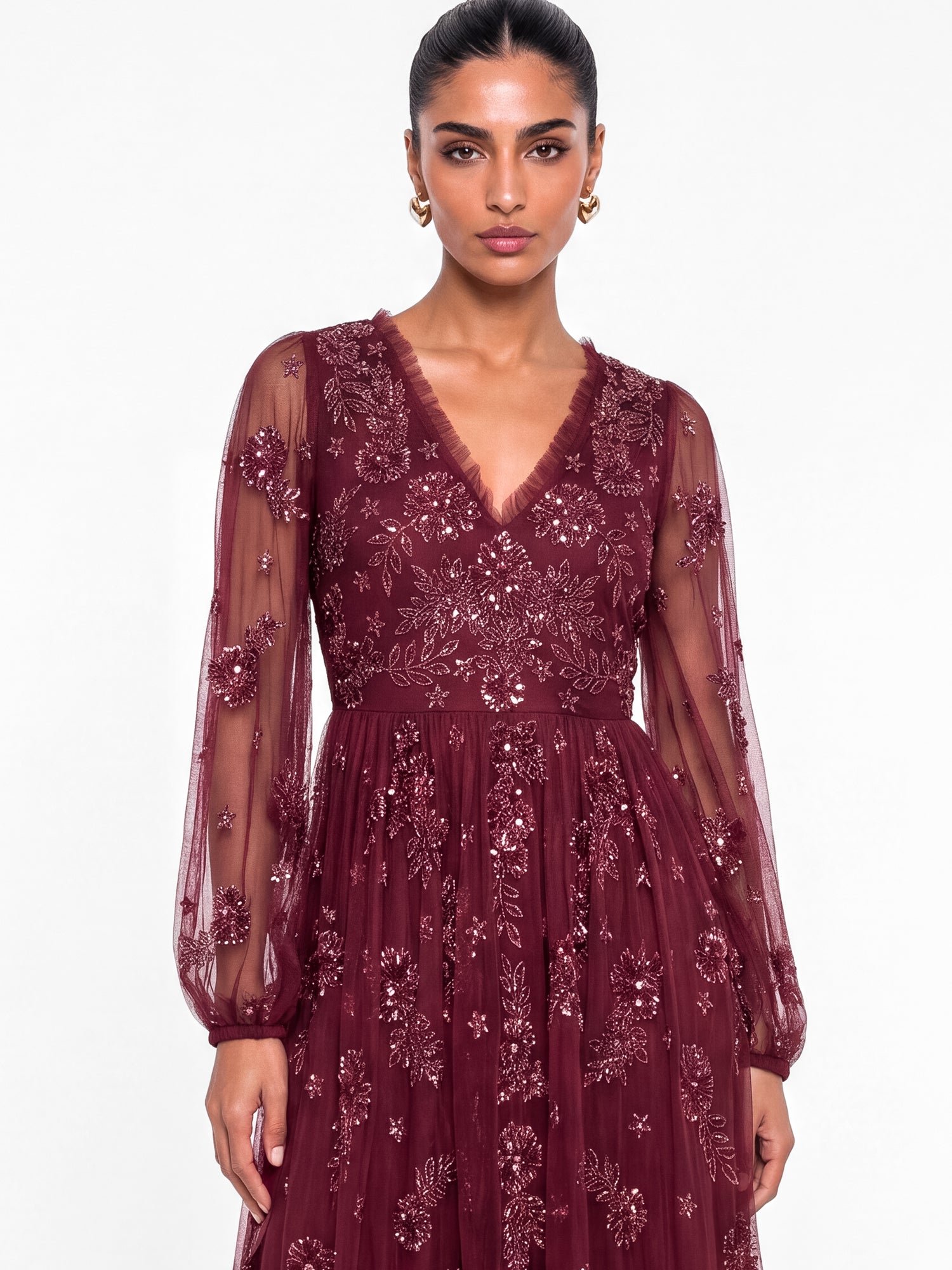 Maya Deep Red Embellished Frilled V Neck Midaxi Dress