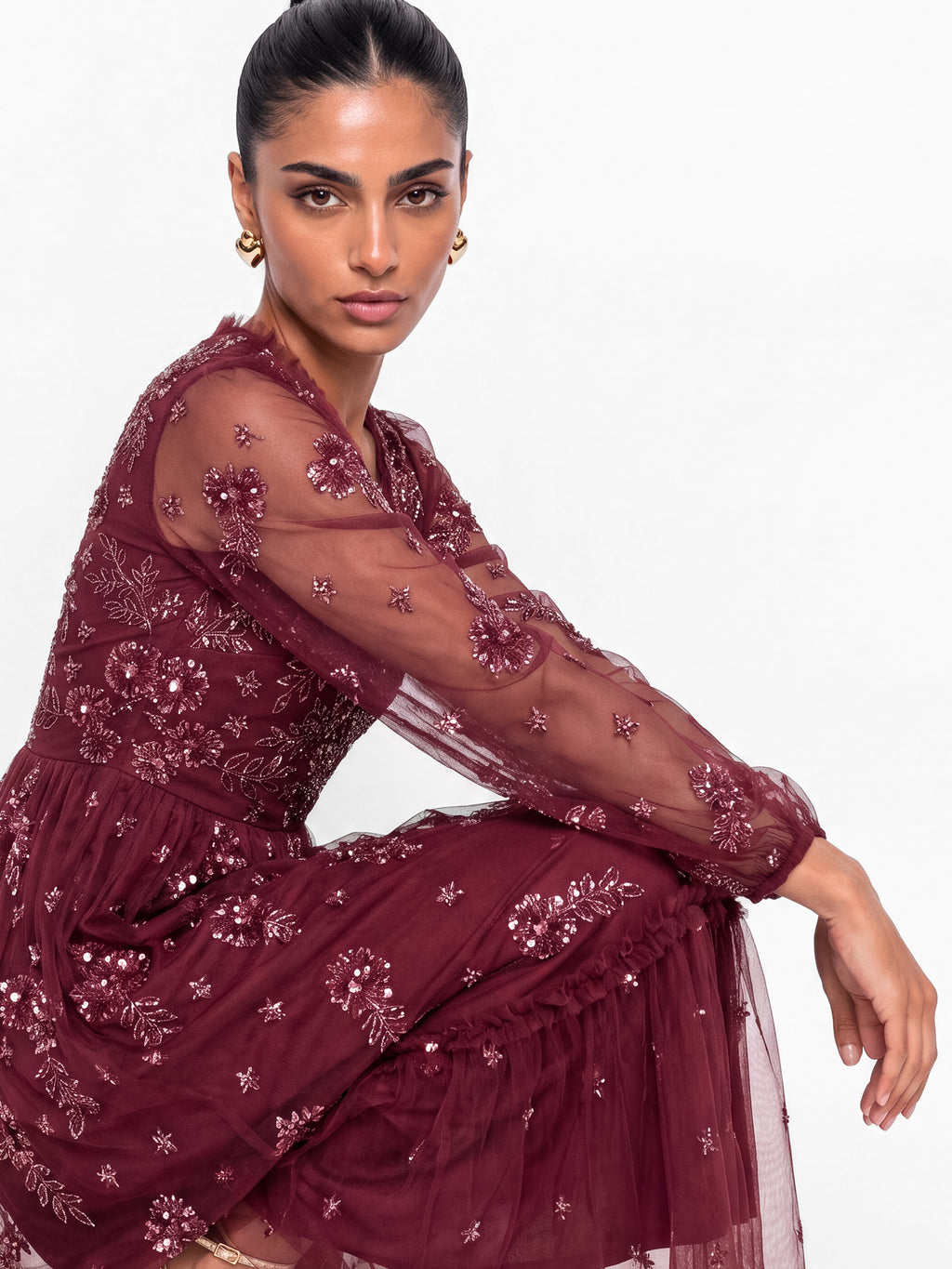 Maya Deep Red Embellished Frilled V Neck Midaxi Dress
