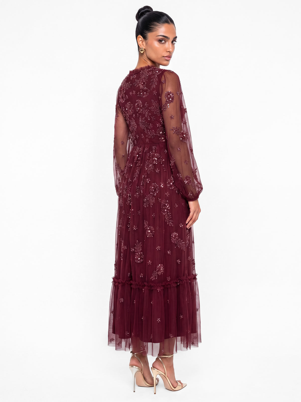 Maya Deep Red Embellished Frilled V Neck Midaxi Dress