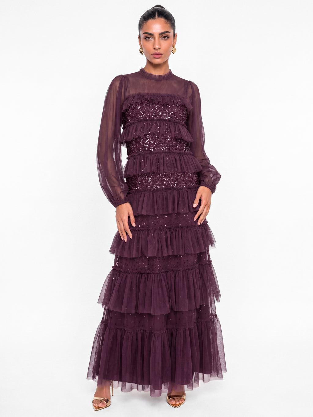 Maya Berry Embellished Ruffle Tiered Maxi Dress