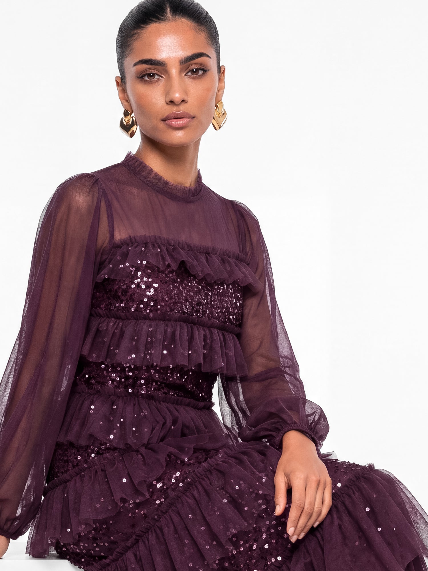 Maya Berry Embellished Ruffle Tiered Maxi Dress