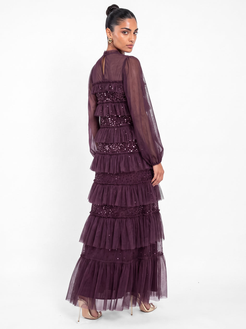 Maya Berry Embellished Ruffle Tiered Maxi Dress