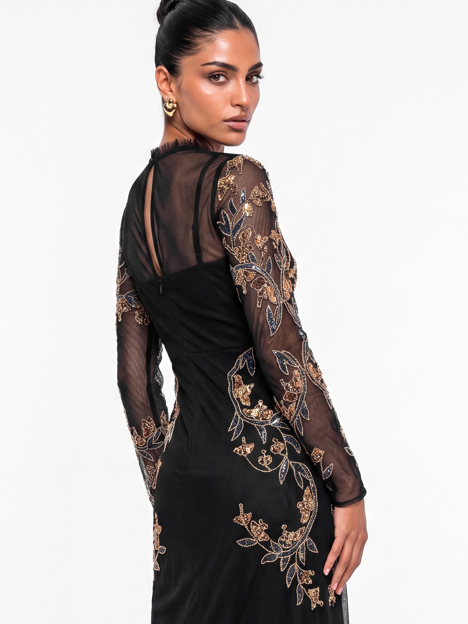 Maya Black Embellished Long Sleeve High Neck Midaxi Dress