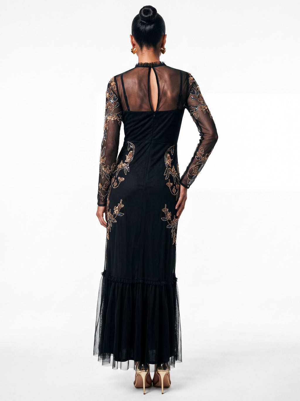 Maya Black Embellished Long Sleeve High Neck Midaxi Dress
