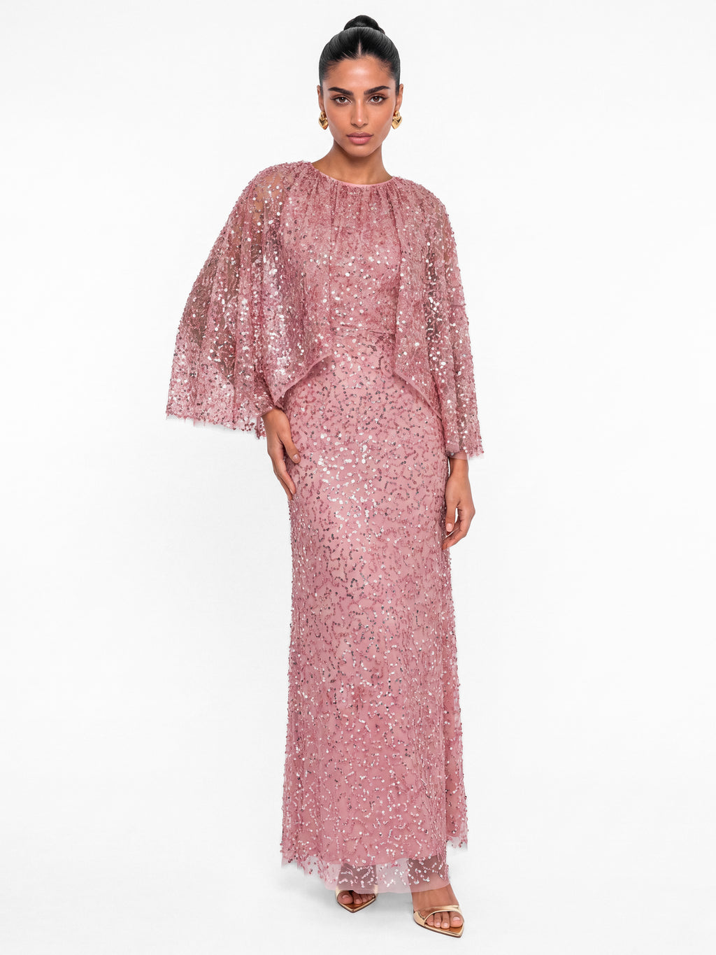 Maya Soft Pink Fully Embellished Cape Sleeve Maxi Dress