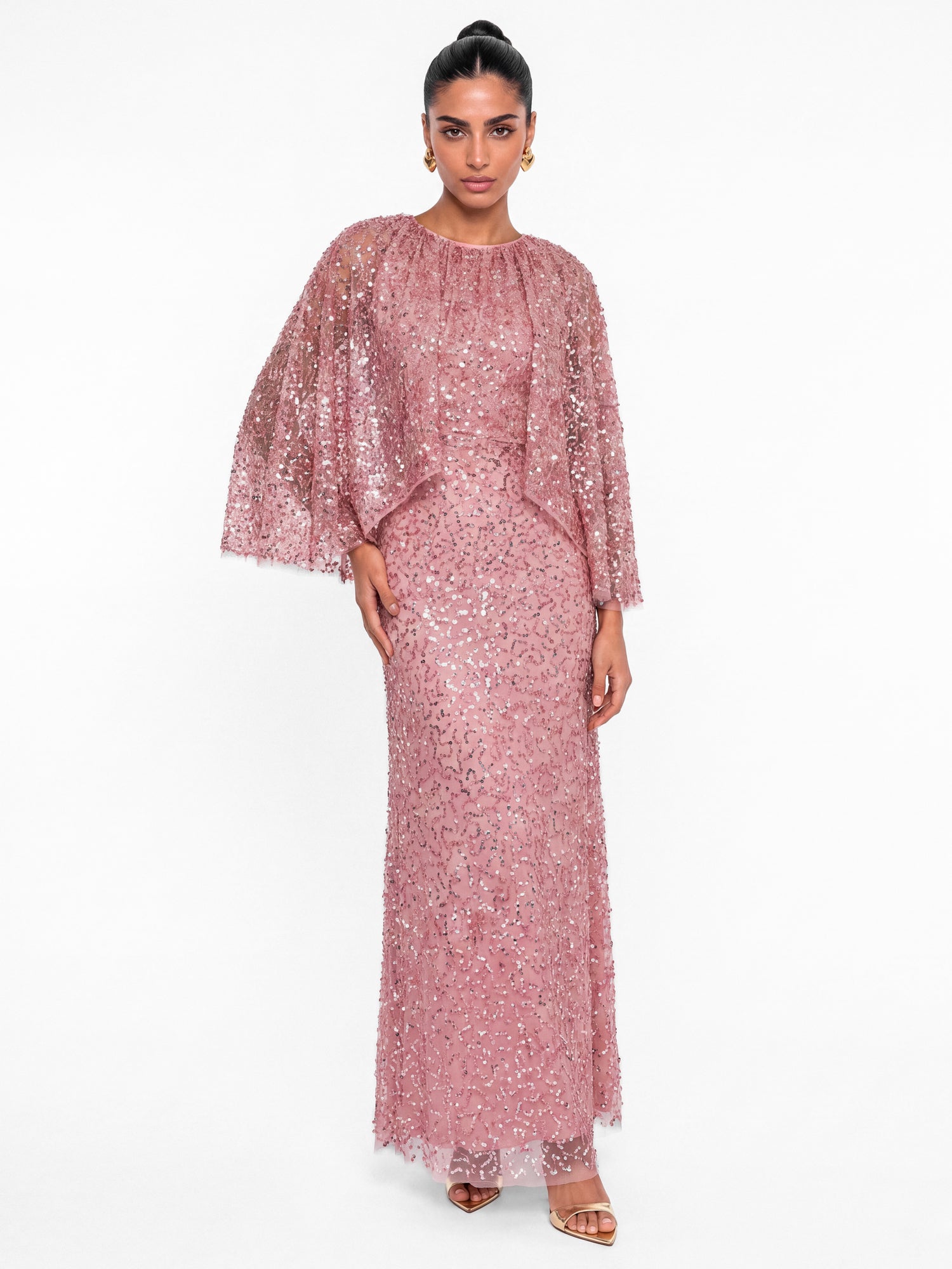 Maya Soft Pink Fully Embellished Cape Sleeve Maxi Dress