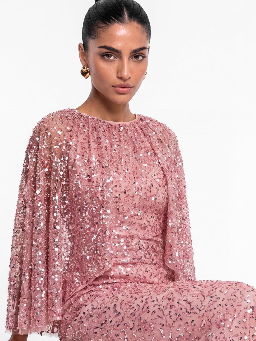 Maya Soft Pink Fully Embellished Cape Sleeve Maxi Dress