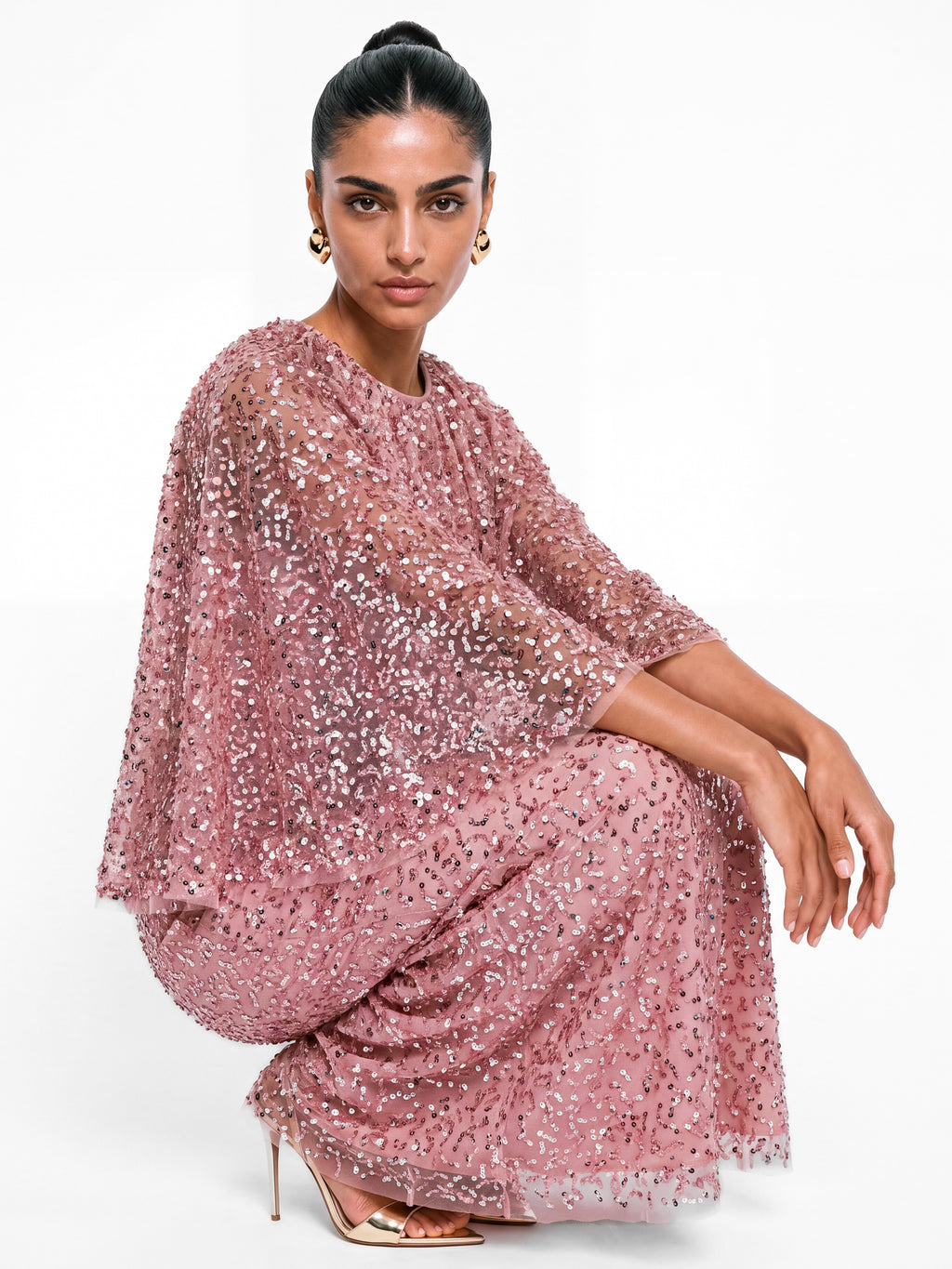Maya Soft Pink Fully Embellished Cape Sleeve Maxi Dress