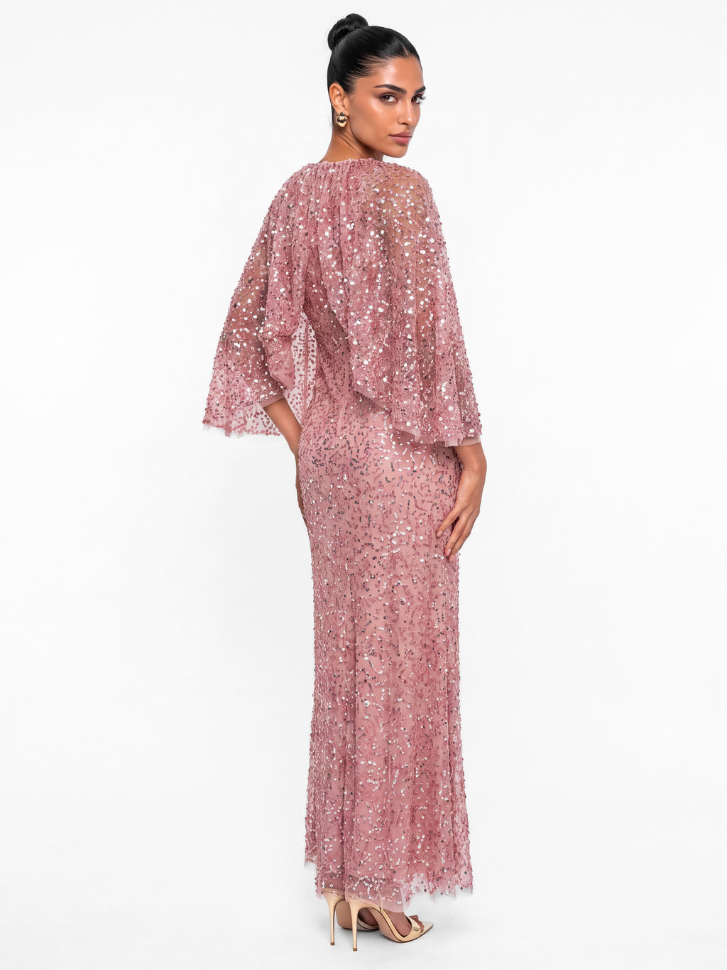 Maya Soft Pink Fully Embellished Cape Sleeve Maxi Dress