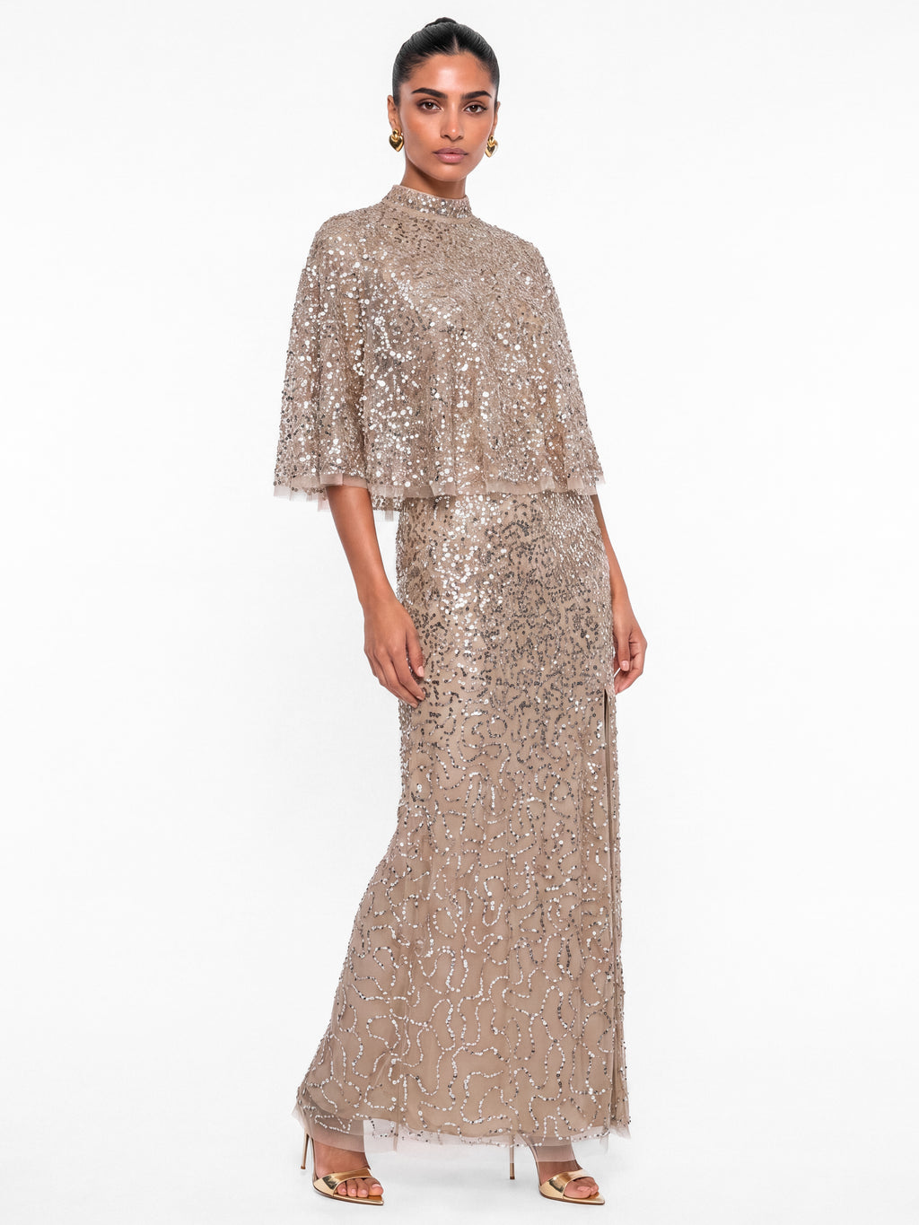 Maya Taupe Blush 2 in 1 Fully Embellished Bandeau Maxi Dress with Cape