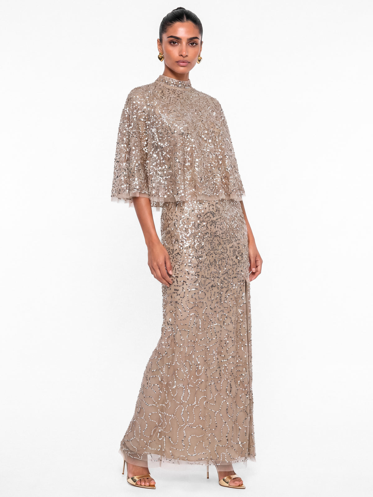 Maya Taupe Blush 2 in 1 Fully Embellished Bandeau Maxi Dress with Cape