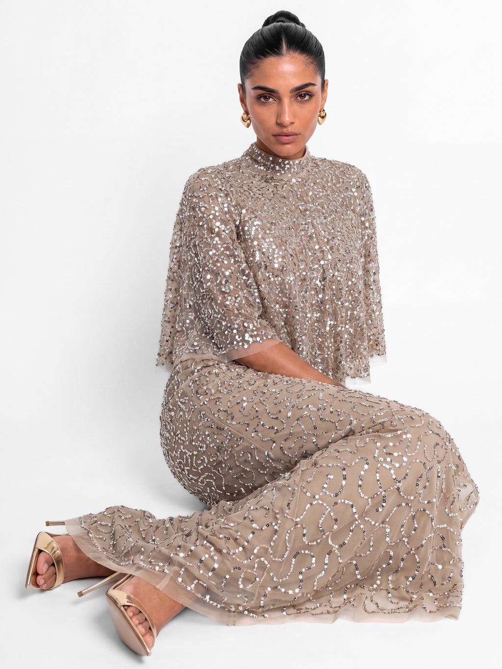 Maya Taupe Blush 2 in 1 Fully Embellished Bandeau Maxi Dress with Cape