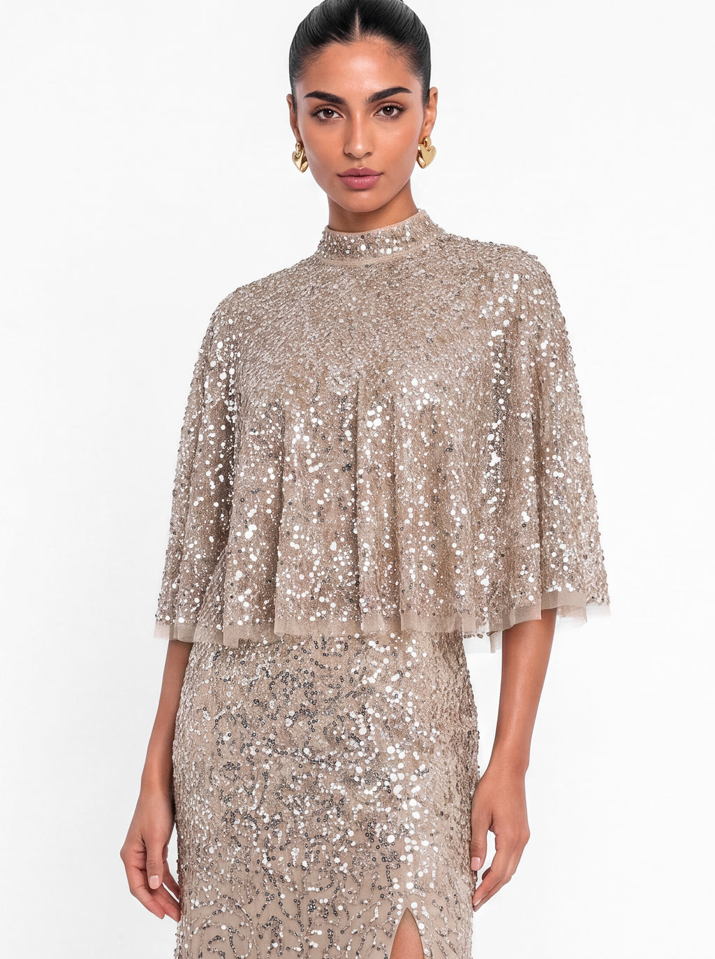 Maya Taupe Blush 2 in 1 Fully Embellished Bandeau Maxi Dress with Cape