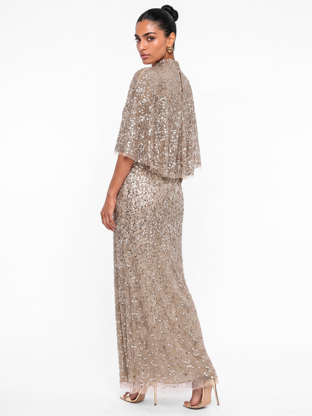 Maya Taupe Blush 2 in 1 Fully Embellished Bandeau Maxi Dress with Cape