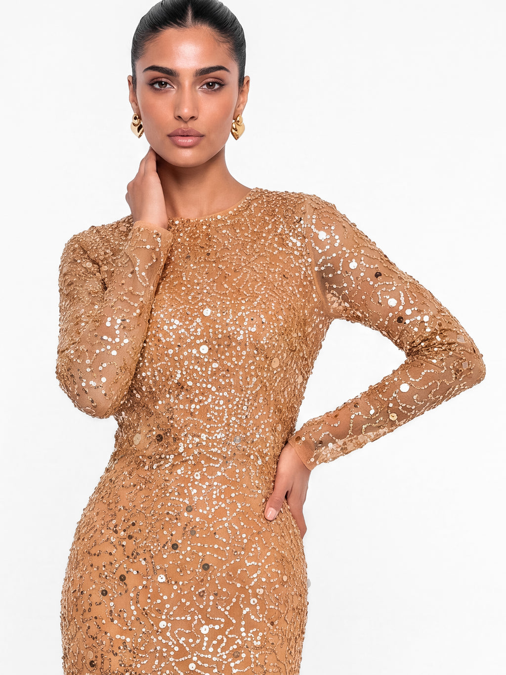 Maya Almond Fully Embellished Long Sleeve Maxi Dress