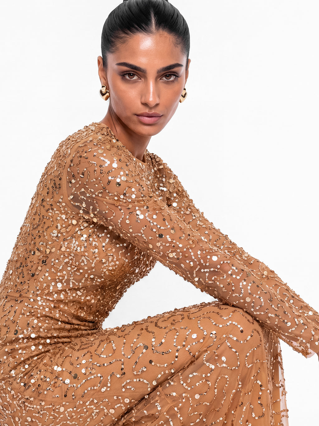 Maya Almond Fully Embellished Long Sleeve Maxi Dress
