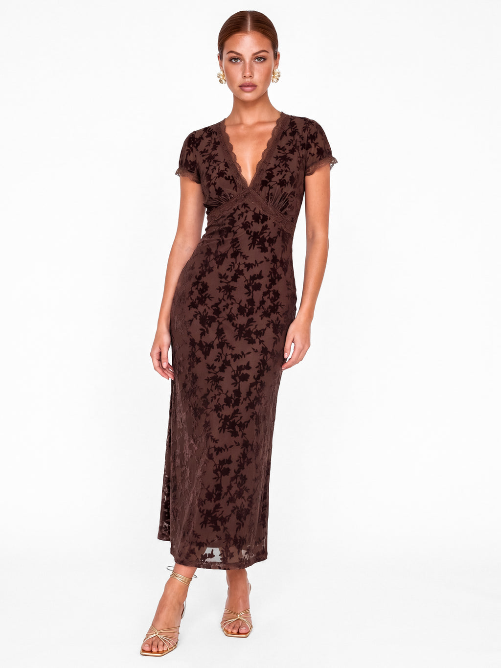 Maya Chocolate Floral Velvet Devore V Neck Midaxi Dress