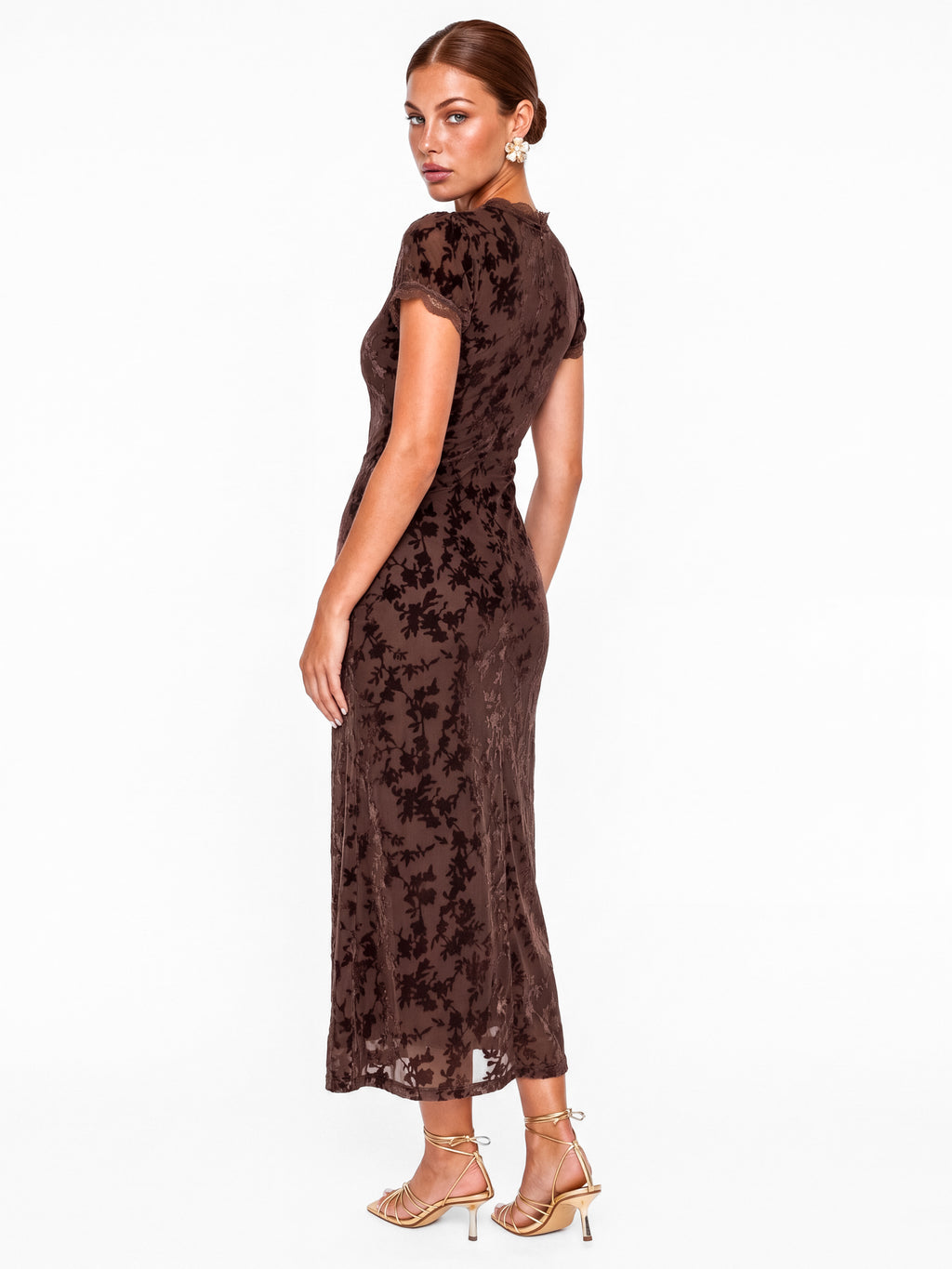 Maya Chocolate Floral Velvet Devore V Neck Midaxi Dress