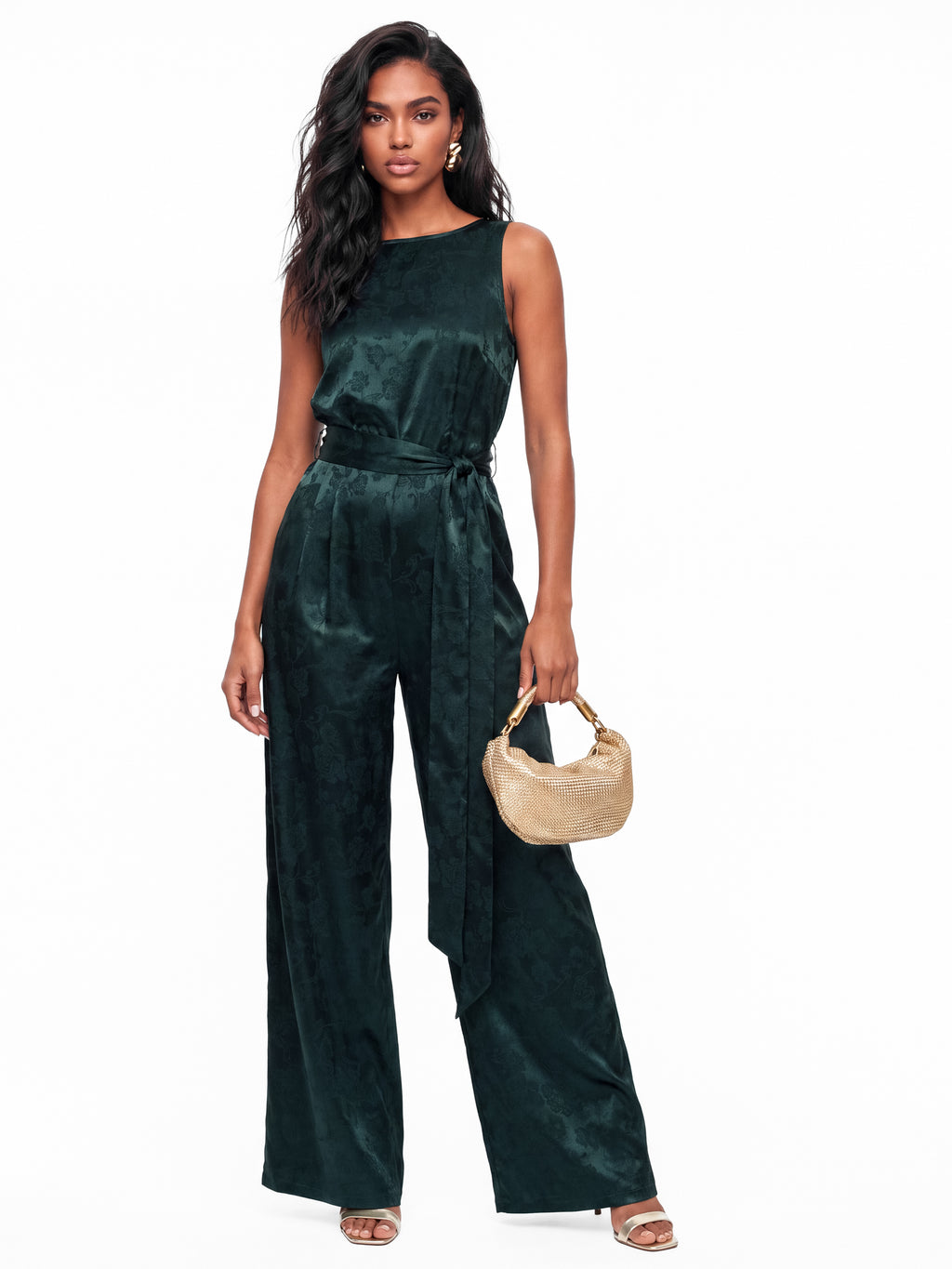 Lovedrobe Teal Stain Floral Jacquard V Back Wide Leg Jumpsuit