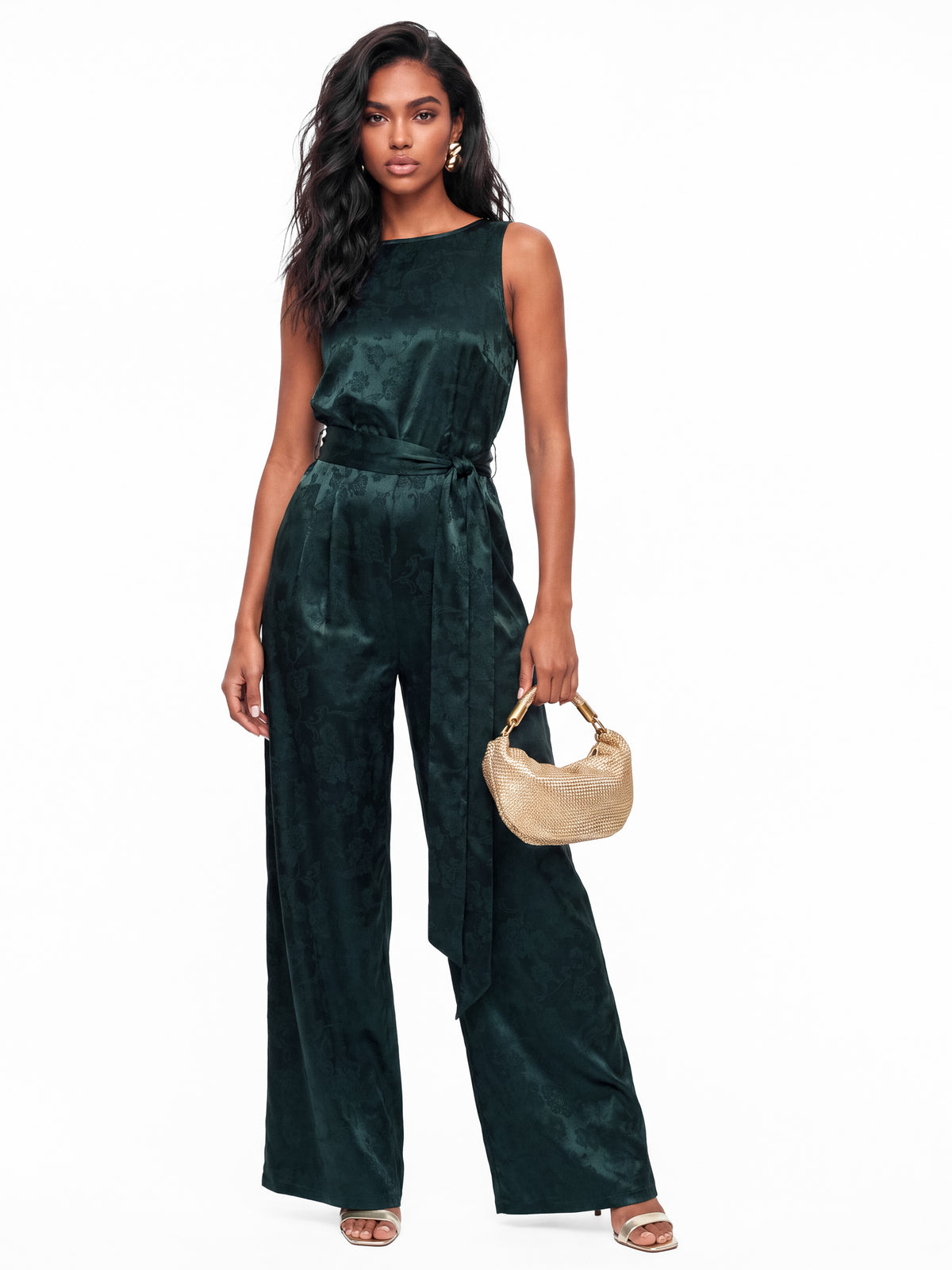 Lovedrobe Teal Stain Floral Jacquard V Back Wide Leg Jumpsuit