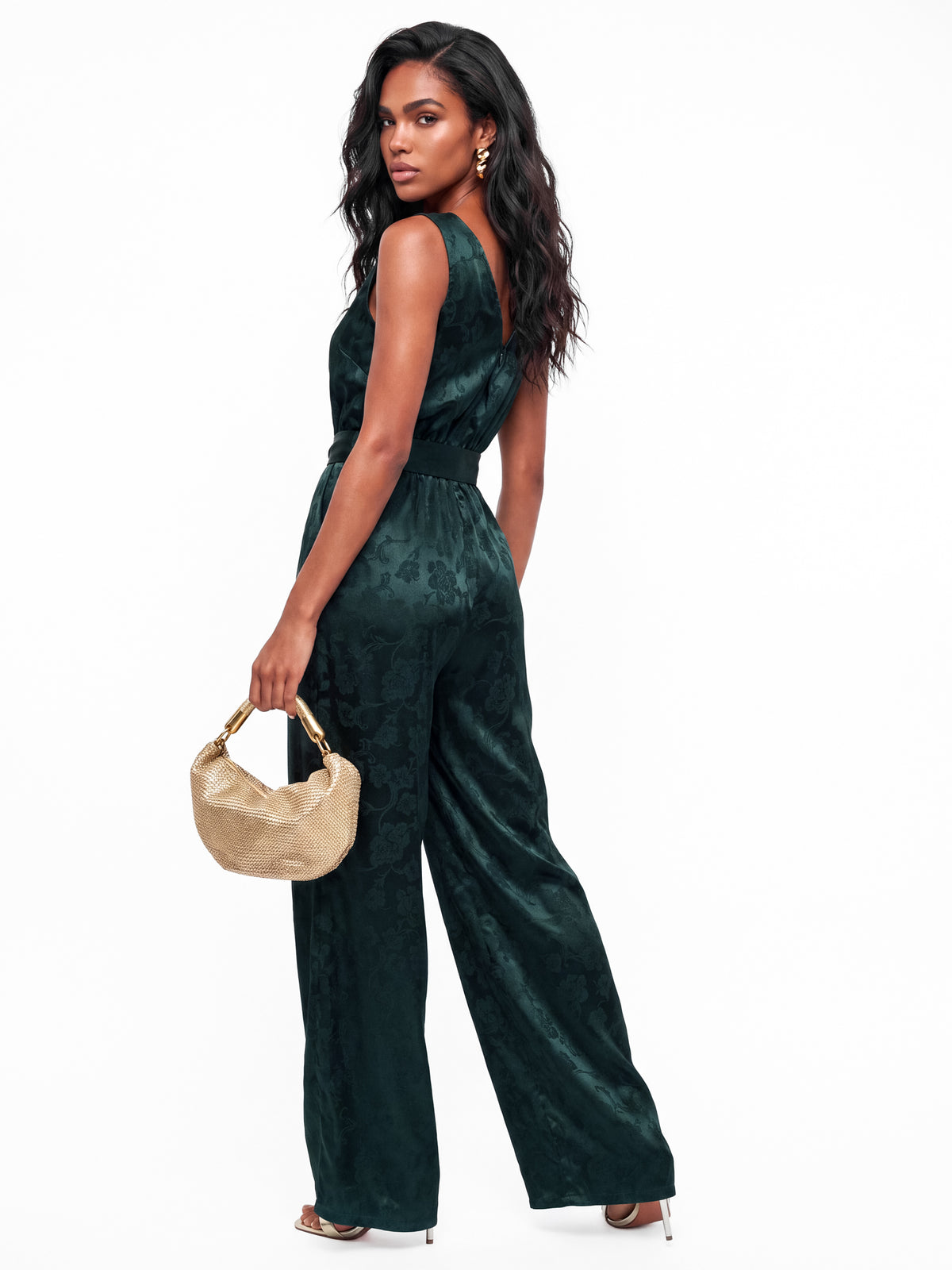 Lovedrobe Teal Stain Floral Jacquard V Back Wide Leg Jumpsuit