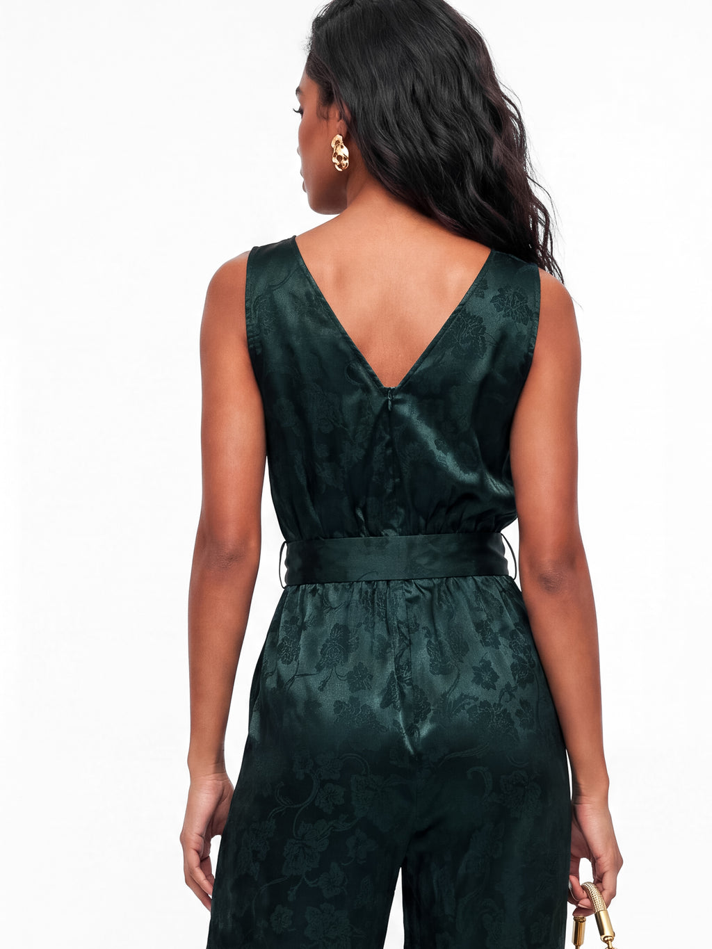 Lovedrobe Teal Stain Floral Jacquard V Back Wide Leg Jumpsuit